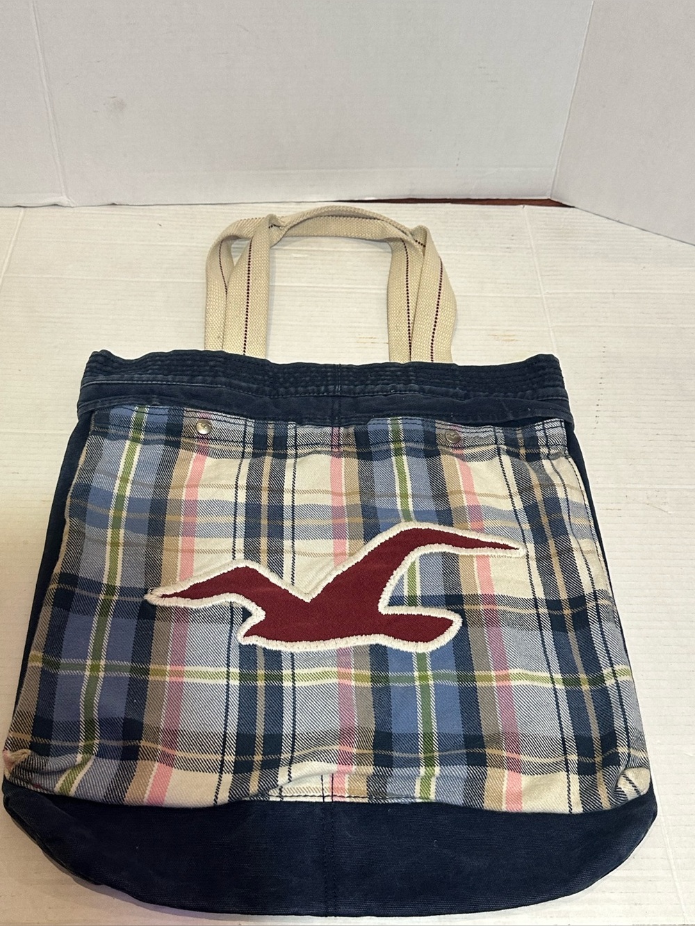 2000s Hollister  Blue Plaid Tote Bag With Red Logo